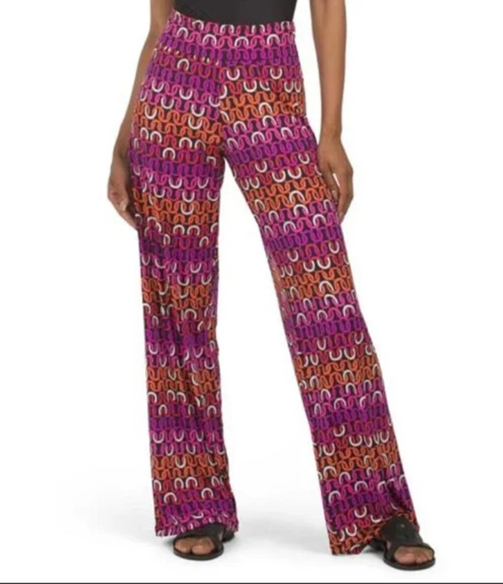 Trina Turk Pants WMNS M Red Purple Wide Leg High Rise Stretchy Boho Resort Flare